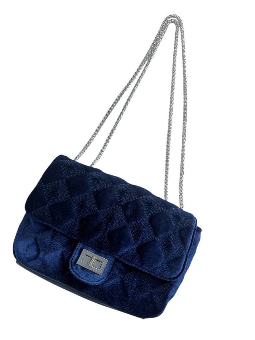 Charming Charlie Royal Blue Velvet Quilted Flap Crossbody Bag Silver Chain Strap - Picture 10 of 13